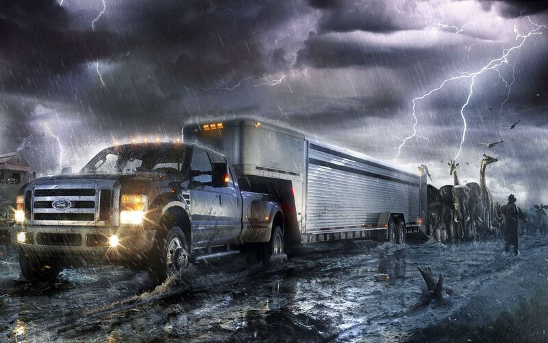 Truck in storm with animals