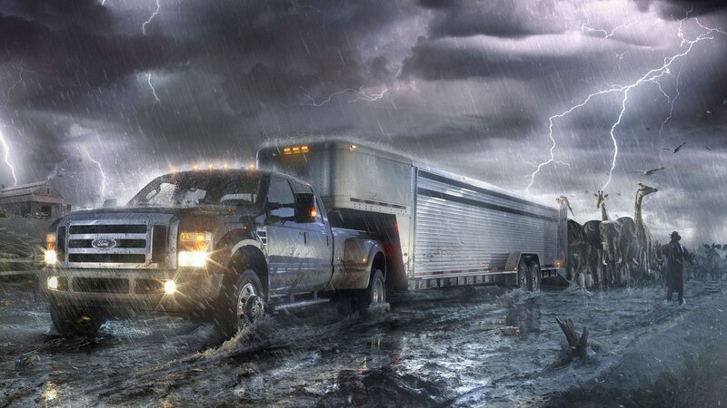 Truck in storm with animals
