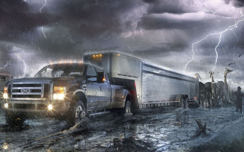 Truck in storm with animals
