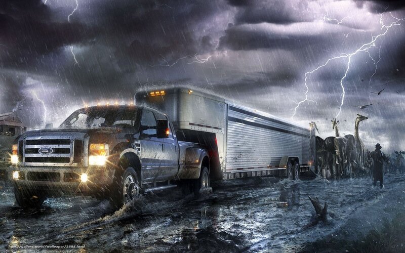 Truck in storm with animals