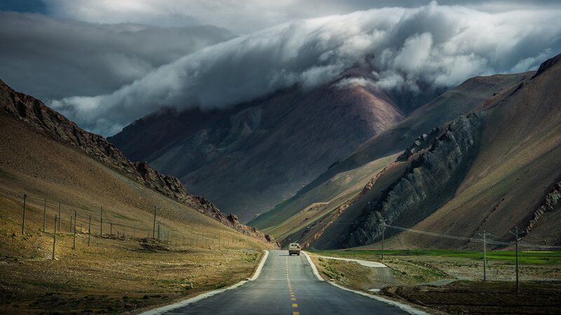 Truck on Mountain Road — Gray, Dramatic, Afternoon, Photograph