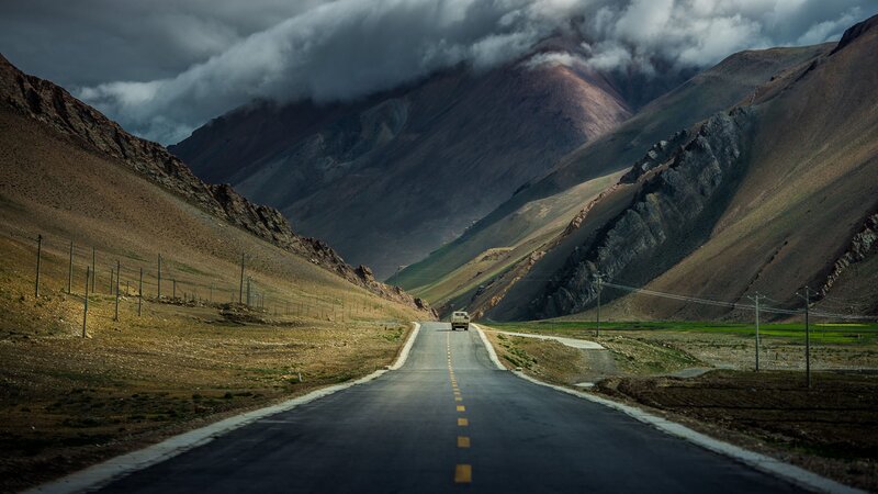 Truck on Mountain Road — Gray, Dramatic, Afternoon