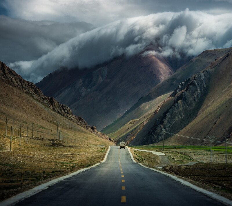 Truck on Mountain Road — Gray, Dramatic, Photograph, Clouds, Power Lines