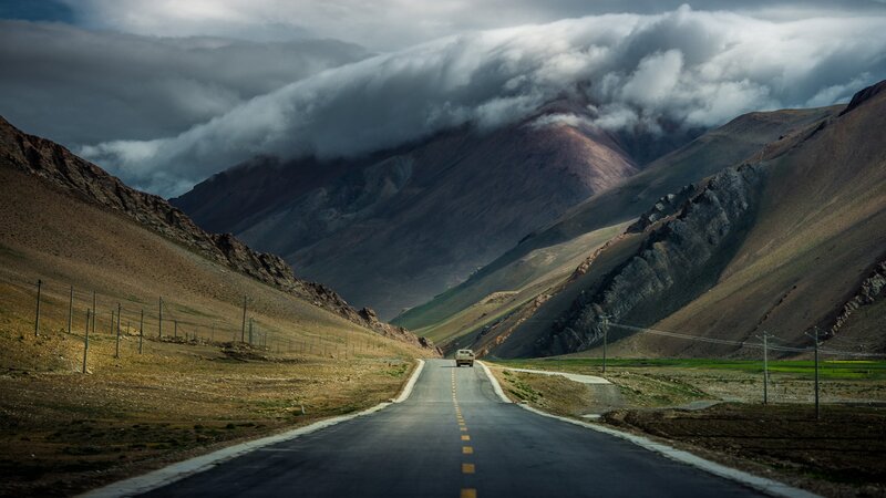 Truck on Mountain Road — Gray, Dramatic, Photograph, Mountains