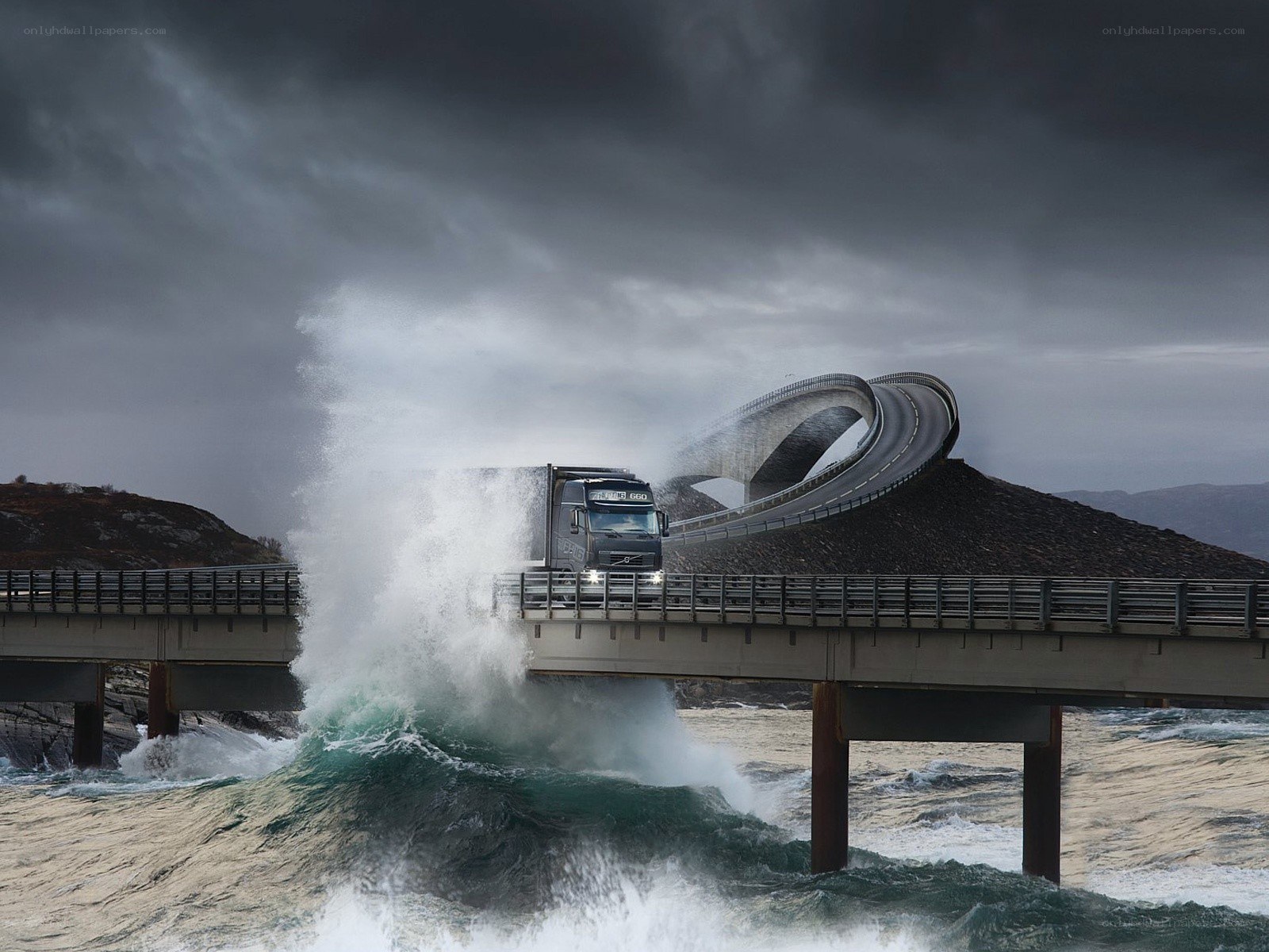 Truck on stormy bridge