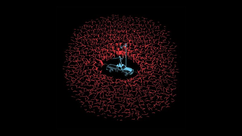 truck surrounded by red creatures