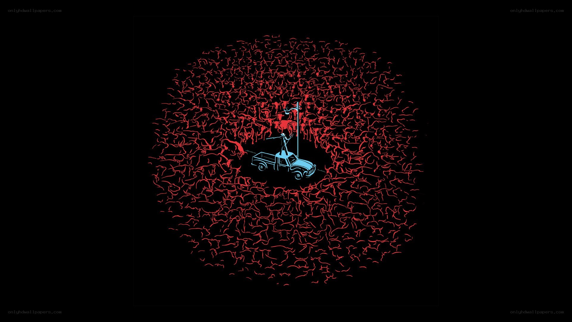 truck surrounded by red creatures