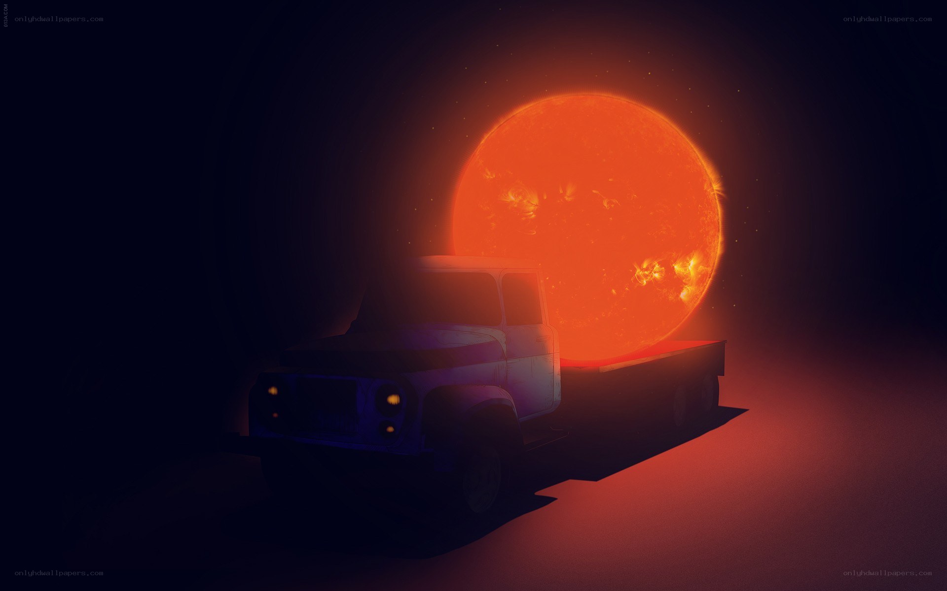 Truck with a sun in the background