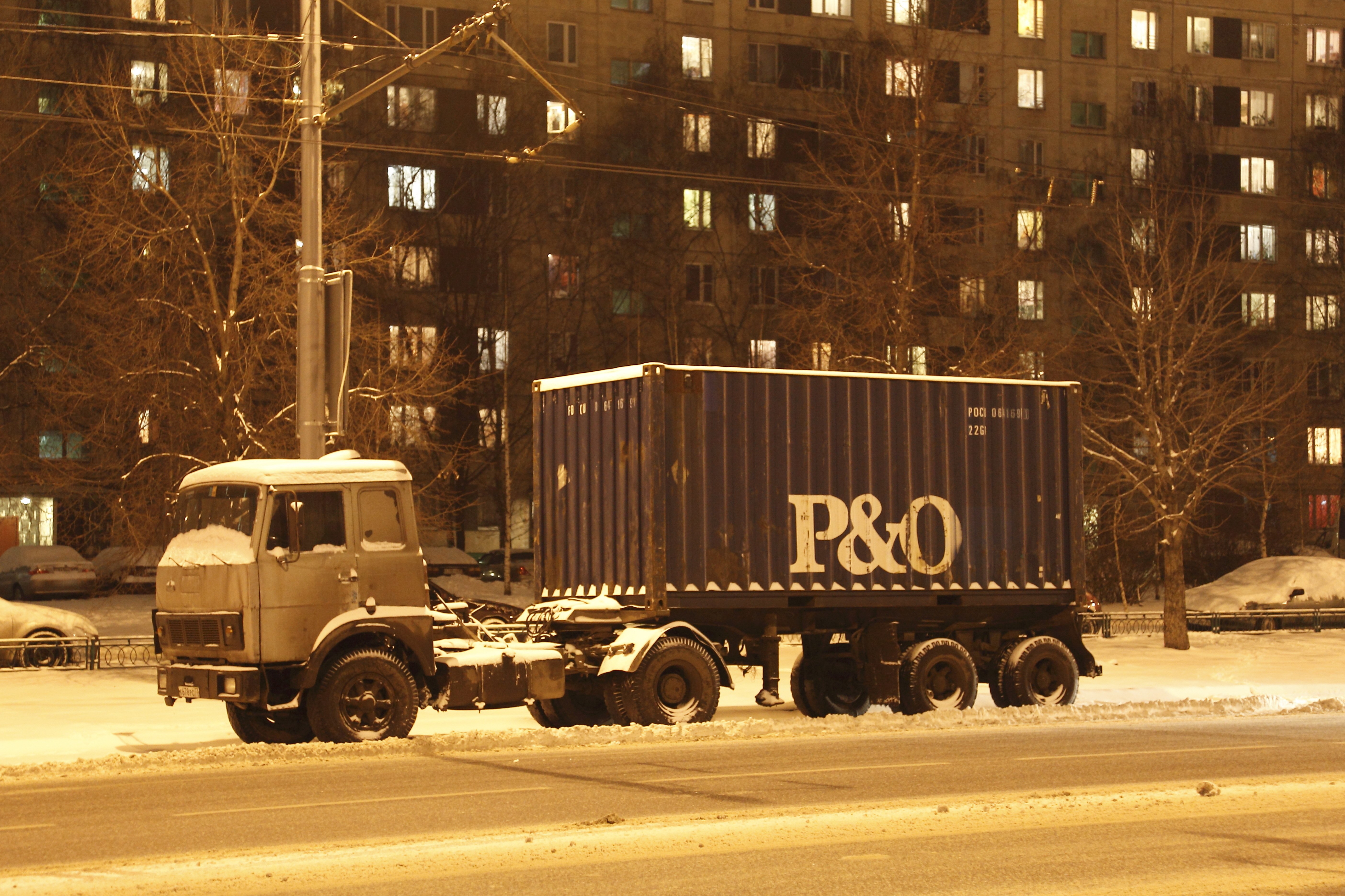 Truck with container at night