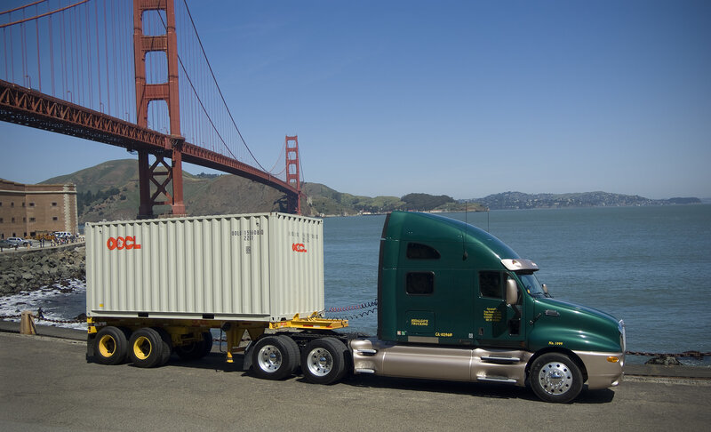 Truck with container near Golden Gate Bridge