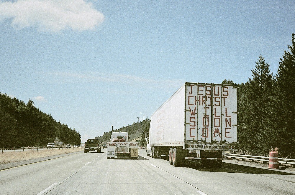 Truck with religious message on highway