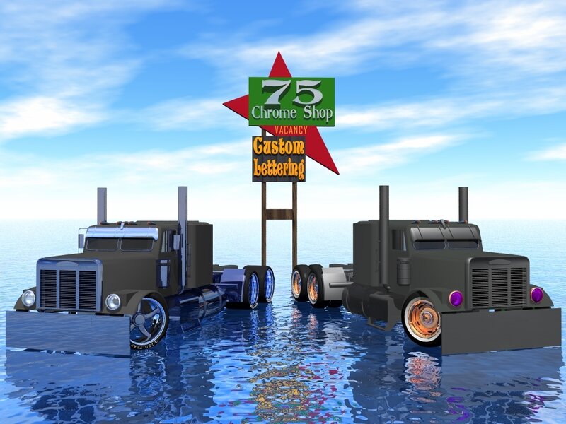 Trucks in water with sign