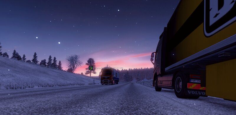 Trucks on Snowy Road — Purple