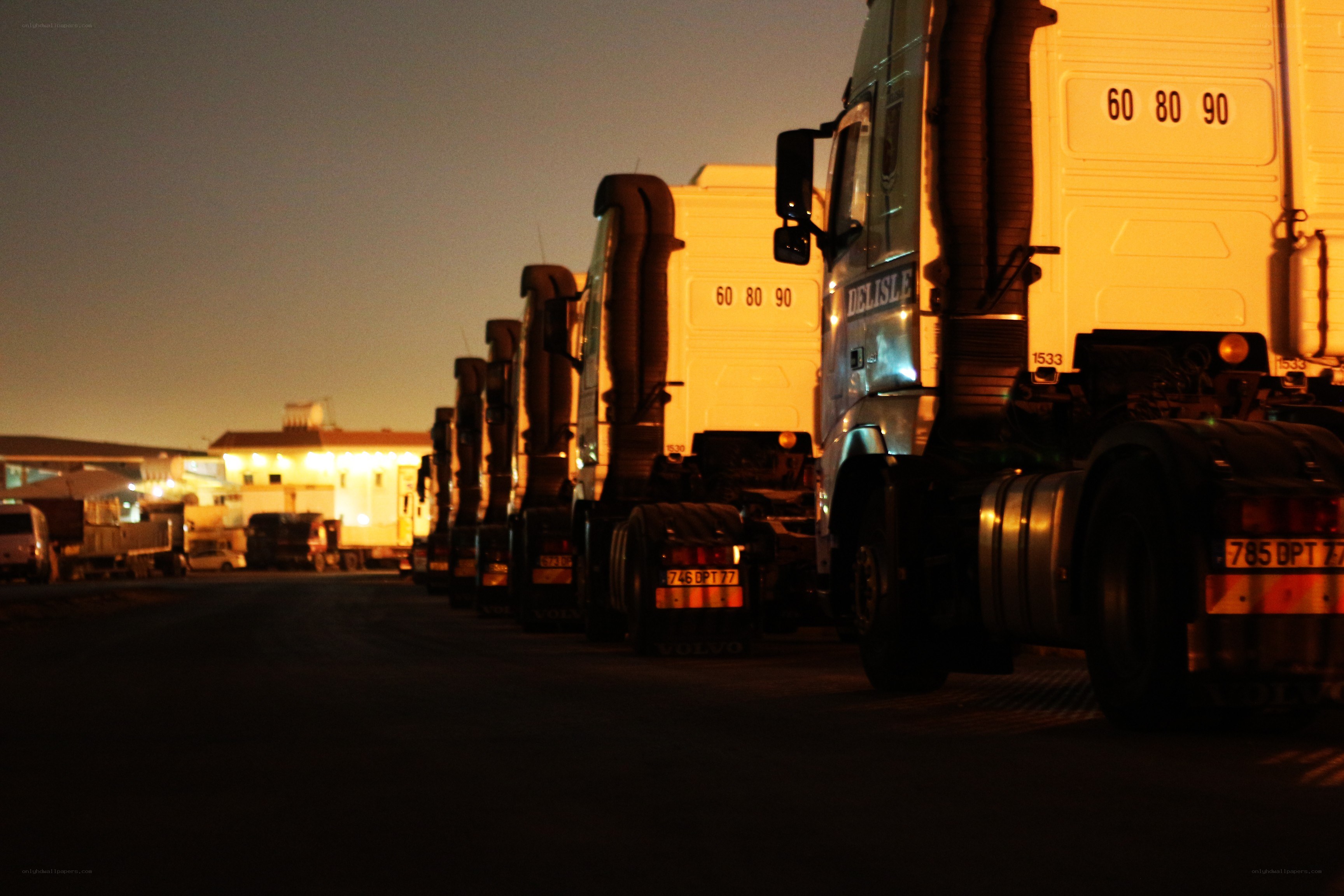 Trucks parked at night