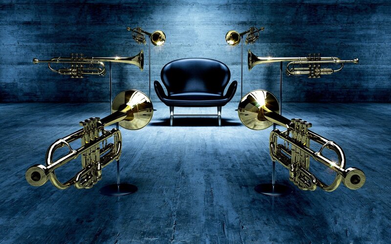 Trumpets surrounding a chair
