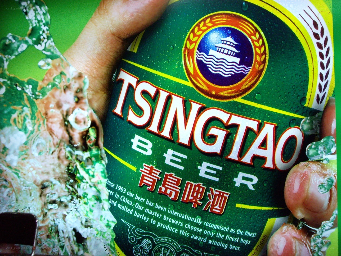 Tsingtao beer bottle with splash