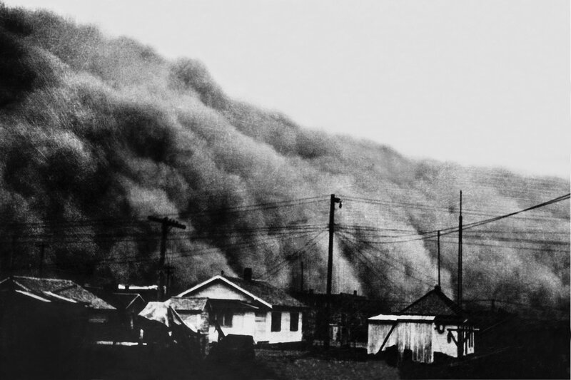 Tsunami engulfing a coastal village