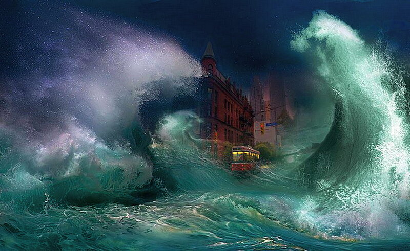 Tsunami Engulfing City — Blue