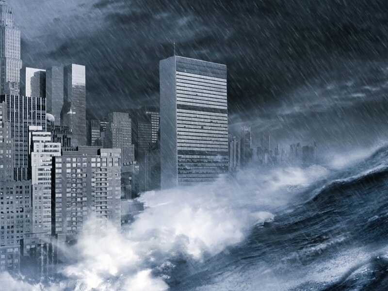 Tsunami Hitting City — Blue, Dramatic, Digital Art
