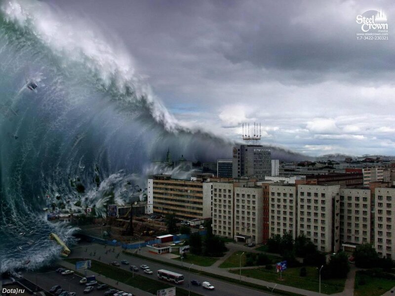 Tsunami Hitting City — Gray, Dramatic