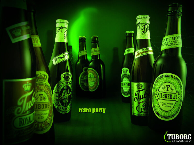 Tuborg beer bottles in green light