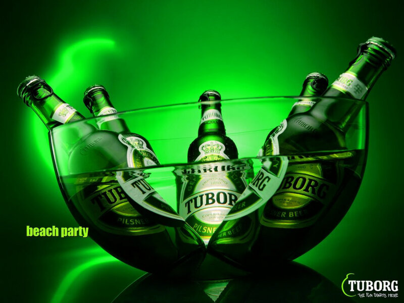 Tuborg beer bottles in ice bowl