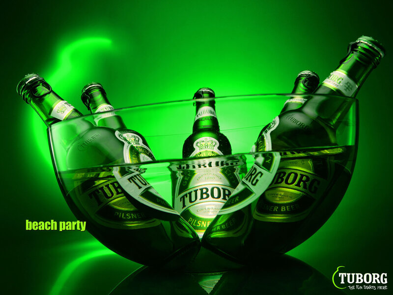 Tuborg beer bottles in ice bowl