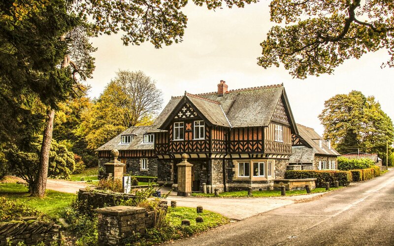Tudor-style House — Green, Serene, Autumn, Photograph