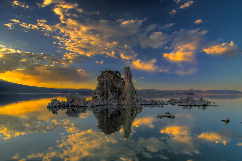 Tufa Formation in Lake — Blue, Serene, Sunset, Photograph, Clouds, Mountains