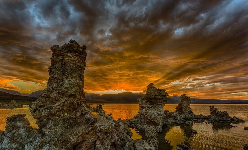 Tufa Formations at Sunset — Orange, Dramatic, Photograph, Lake, Mountains