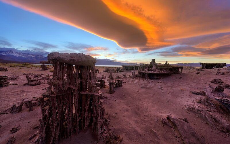 Tufa Formations at Sunset — Orange, Dramatic, Photograph