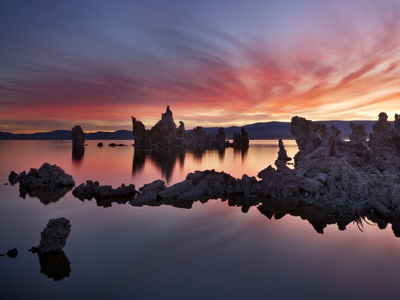 Tufa Formations at Sunset — Purple, Serene, Photograph, Lake, Mountains, Sky