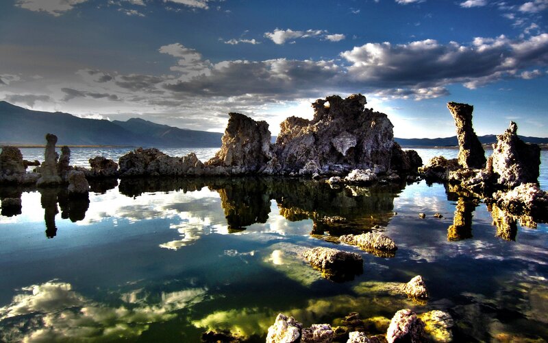 Tufa Formations in Lake — Blue, Dramatic, Afternoon, Photograph, Mountains, Clouds, White