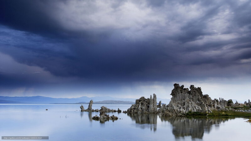 Tufa Formations in Lake — Blue, Dramatic, Photograph, Clouds, Mountains