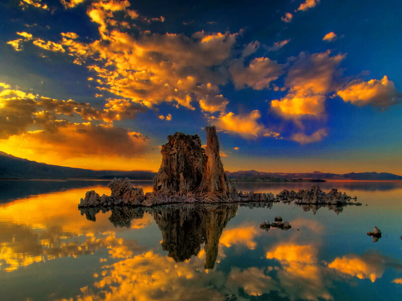 Tufa Formations in Lake — Blue, Dramatic, Sunset, Photograph, Clouds