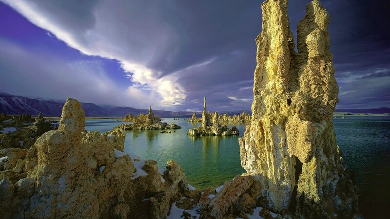 Tufa Formations in Lake — Blue, Dramatic, Sunset, Photograph, Mountains, Clouds