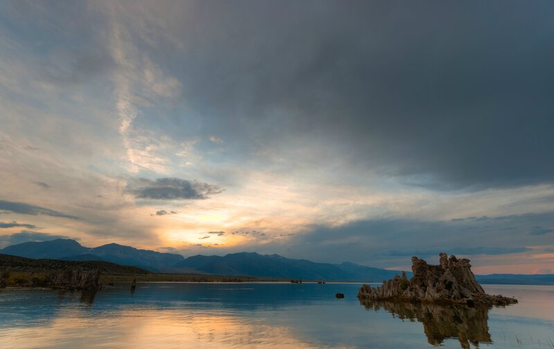 Tufa Formations in Lake — Blue, Dramatic, Sunset, Photograph, Mountains, Sky