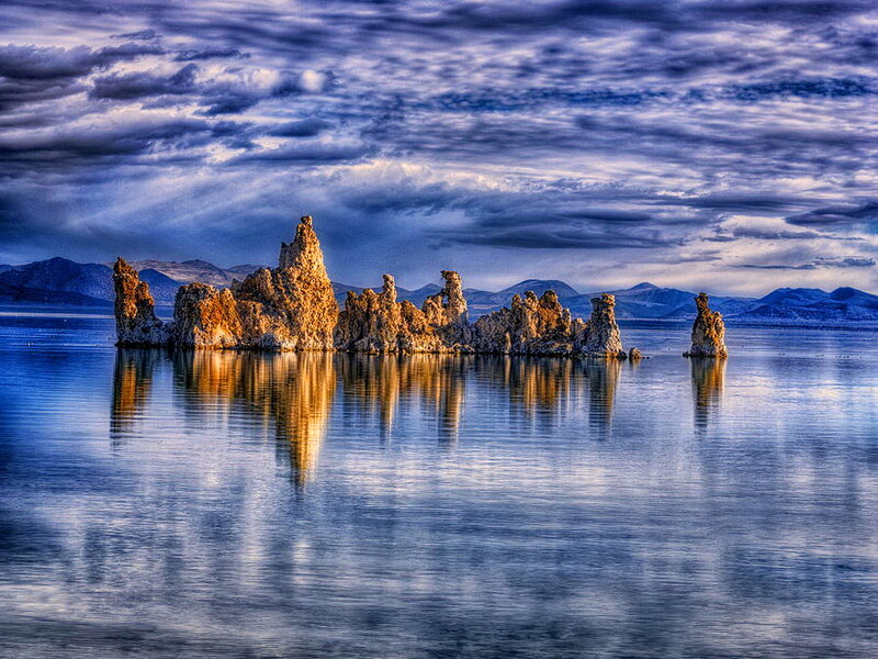 Tufa Formations in Lake — Blue, Dramatic, Sunset, Photograph, Mountains