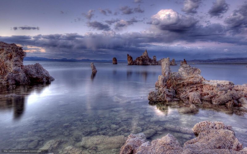 Tufa Formations in Lake — Blue, Dramatic, Sunset, Photograph, Rocks, Clouds, Mountains