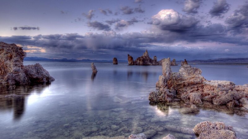 Tufa Formations in Lake — Blue, Dramatic, Sunset, Photograph, Rocks, Clouds