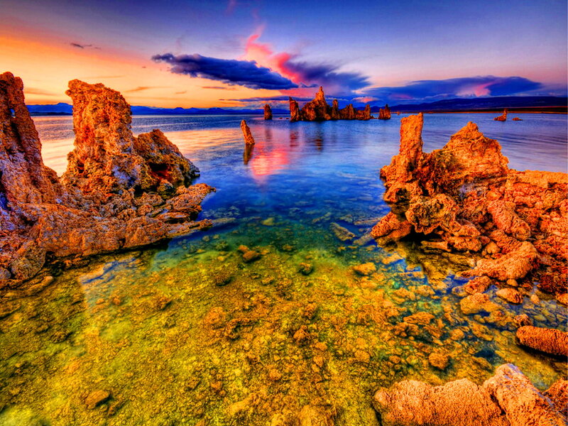 Tufa Formations in Lake — Blue, Dramatic, Sunset, Photograph, Rocks