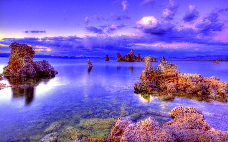 Tufa Formations in Lake — Blue, Dramatic, Sunset