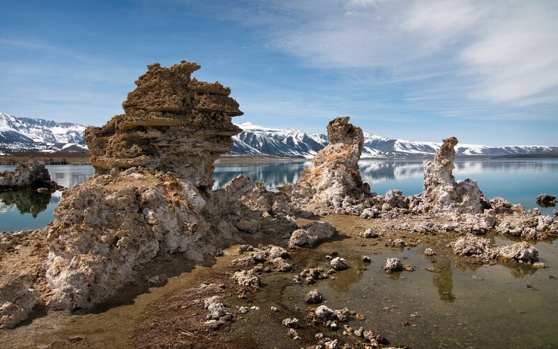 Tufa Formations in Lake — Blue, Serene, Afternoon, Photograph, Mountains, Snow, White