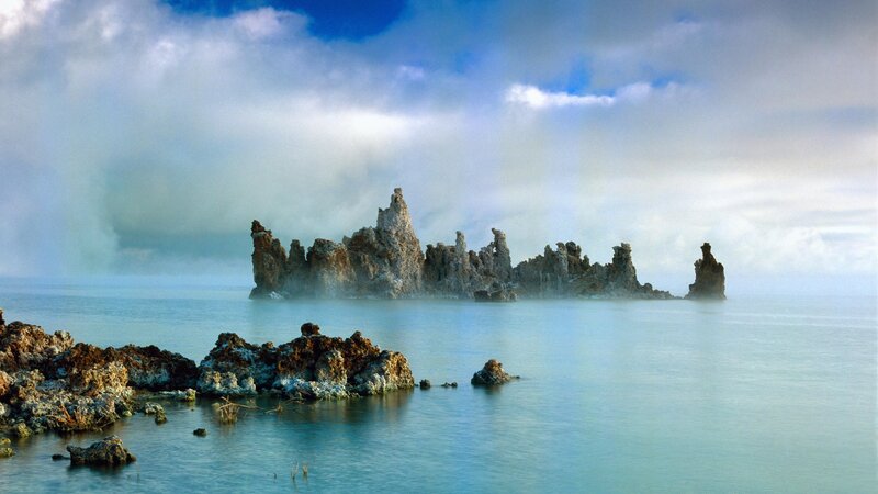Tufa Formations in Lake — Blue, Serene, Morning, Photograph