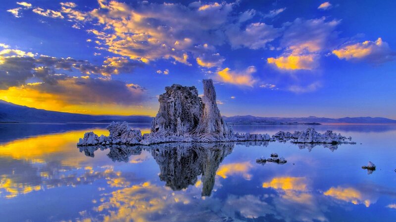 Tufa Formations in Lake — Blue, Serene, Sunset, Photograph, Clouds, Mountains, Reflection