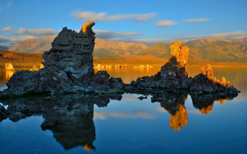 Tufa Formations in Lake — Blue, Serene, Sunset, Photograph, Mountains, Sky