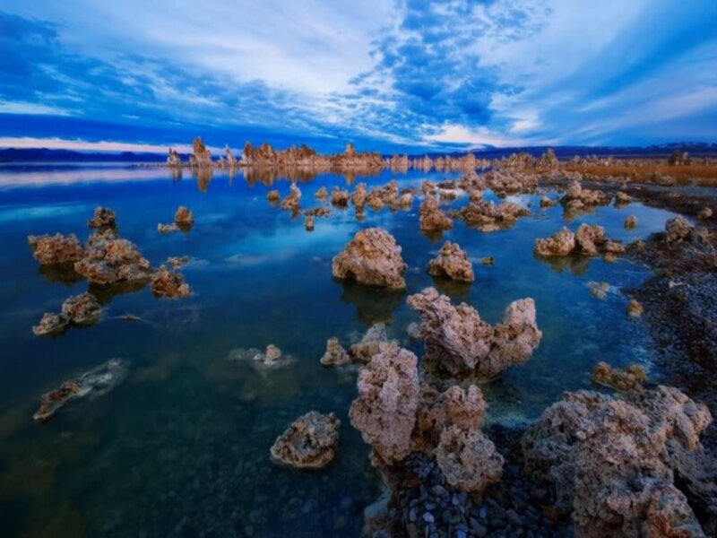 Tufa Formations in Lake — Blue, Serene, Sunset, Photograph