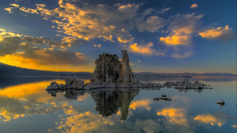 Tufa Formations in Lake — Blue, Serene, Sunset