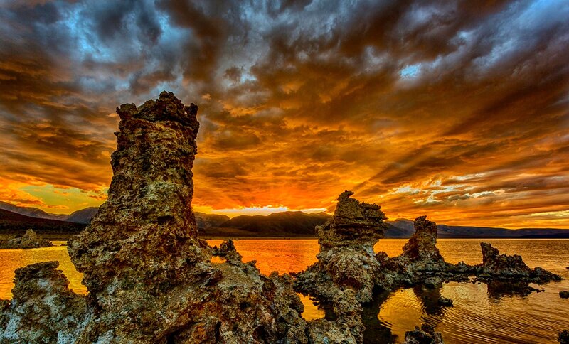Tufa Formations in Lake — Orange, Dramatic, Sunset