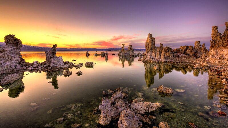 Tufa Formations in Lake — Purple, Serene, Sunset, Photograph, Mountains